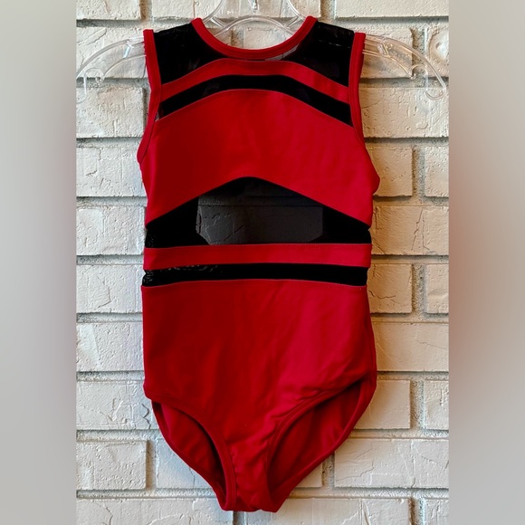 Five Dancewear Red and Black Mesh Cutout Leotard YXL - Picture 1 of 2